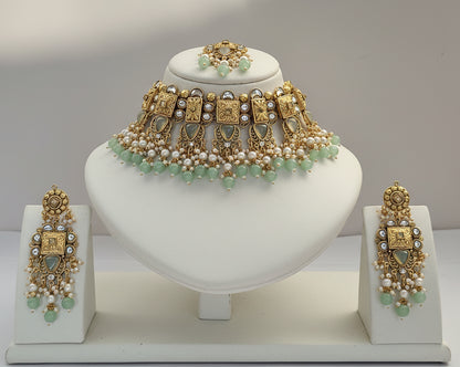 Royal Mint Green & Gold Temple Choker Set Matching Maang Tikka & Earrings