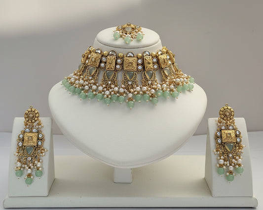 Royal Mint Green & Gold Temple Choker Set Matching Maang Tikka & Earrings