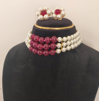 Elegant Red White Pearl Choker Necklace DB00310