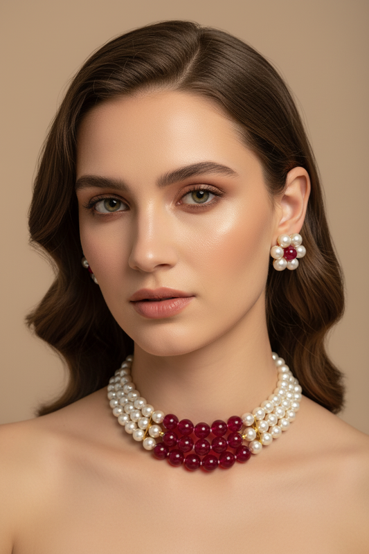 Elegant Red White Pearl Choker Necklace