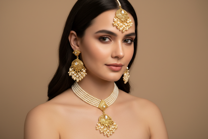 Royal White & Golden shade Choker With Matching Earrings & Maang Tikka