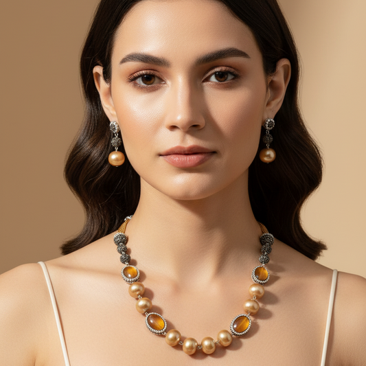 Antique Emerald & Oxidized Brown Bead Necklace With Earrings