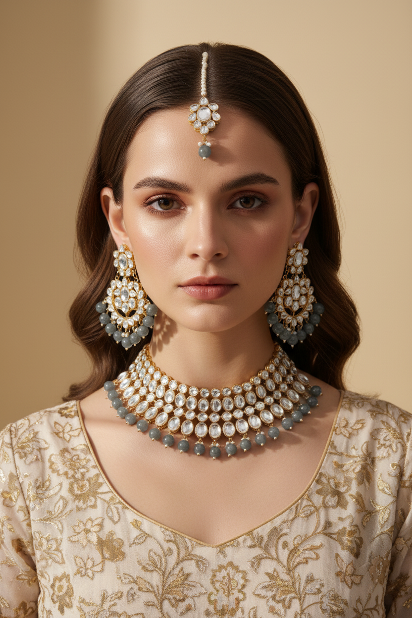 Light Gray Golden Shade Kundan Set - Premium Quality With Matching Earrings