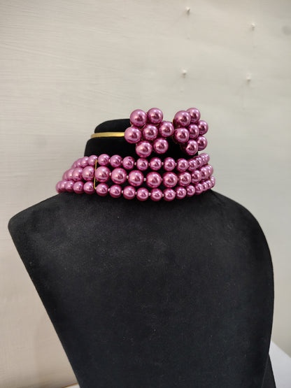 Bright Pink Pearl 3 Layer With Earrings Choker Set
