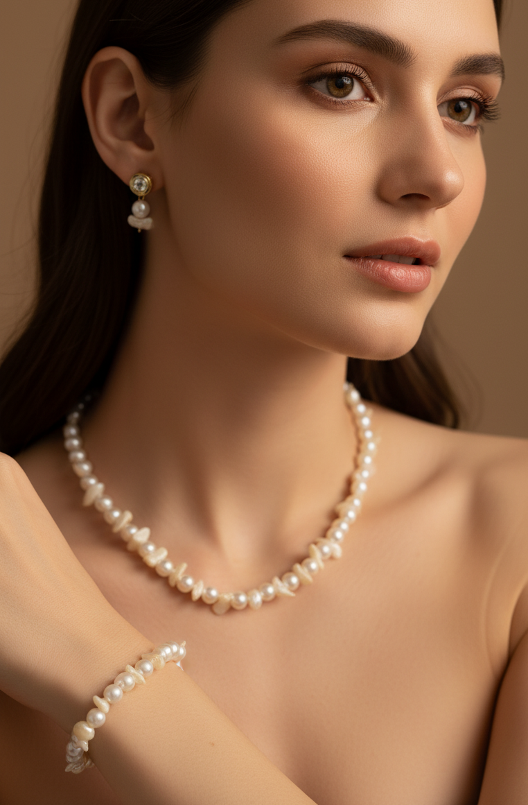 Unique White Pearl Necklace With Earring and Bracelet DB00379