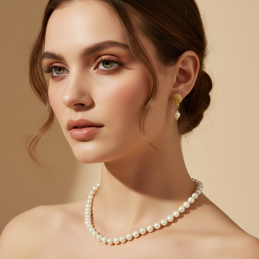 White & Golden Pearl Necklace With Matching Earrings