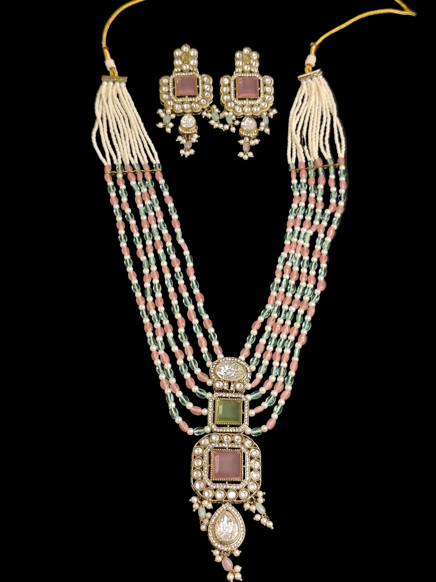 Royal light Pink & Green Shade Long Necklace With Matching Earrings
