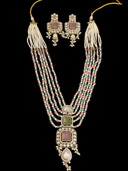 Royal light Pink & Green Shade Long Necklace With Matching Earrings