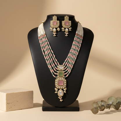 Royal light Pink & Green Shade Long Necklace With Matching Earrings