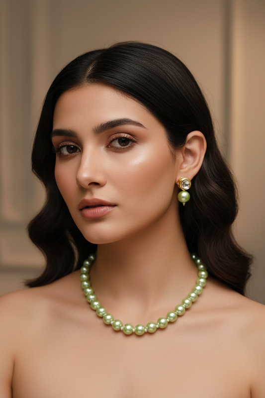 Premium Green Shade Pearls With Golden Metal Earrings