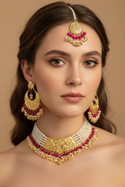 Royal Punjabi Necklace in Golden and Pink with Earrings and Mang Tikka