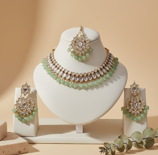 Light Green Golden Shade Kundan Set - Premium Quality With Matching Earrings