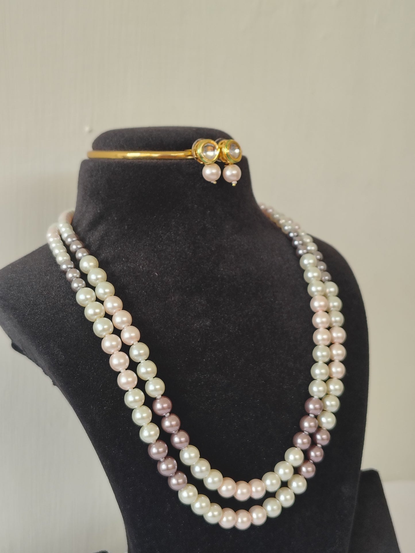 Grey Pink White Pearl Double Layer Necklace With Golden Metal Earrings