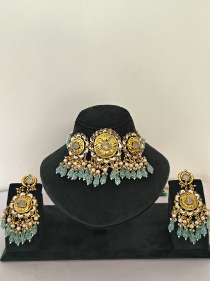 Royal Mint Green & Gold Kundan Choker Set | Includes Matching Earrings & Maang Tikka