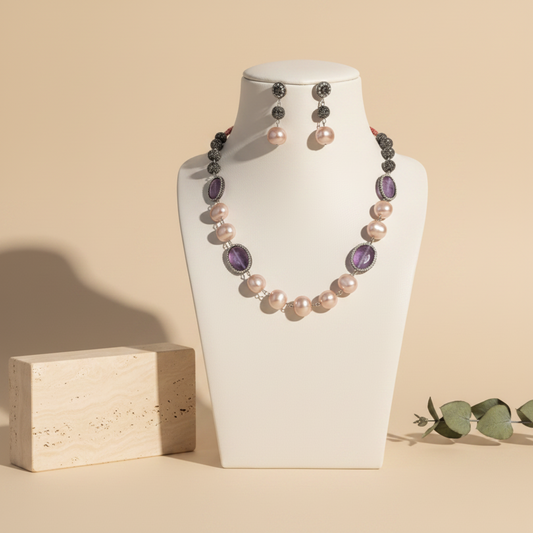 Multi Purple Shade Stone With Matching Earrings