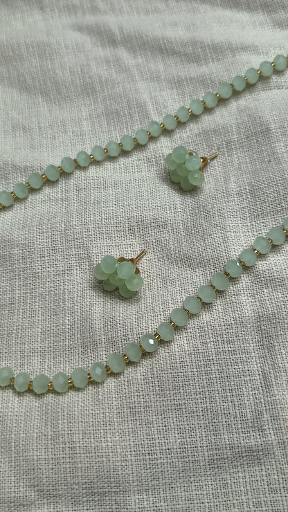 Diamond Cut Frosted Mint Green Faceted Bead Necklace & Earring Set
