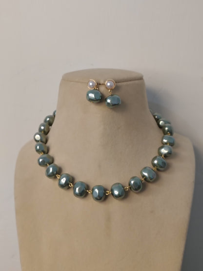 Korean Gray & Green Shade Pearl With Earrings