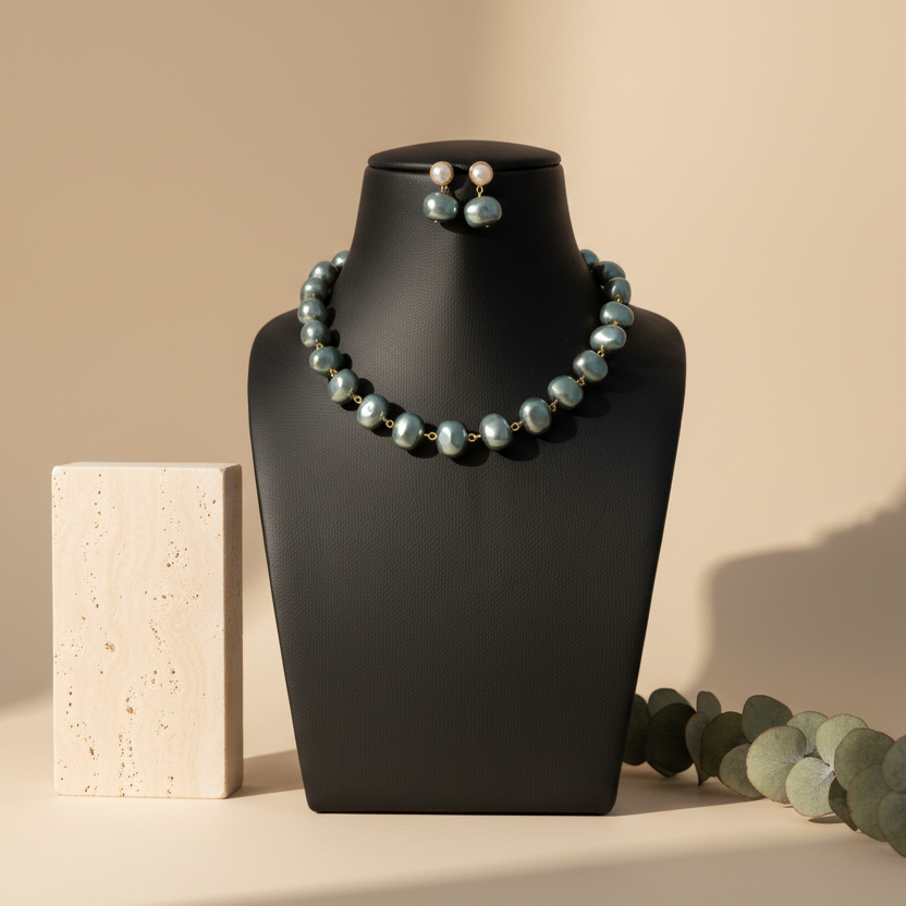 Korean Gray & Green Shade Pearl With Earrings