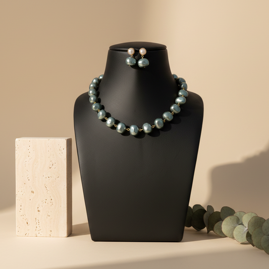 Korean Gray & Green Shade Pearl With Earrings