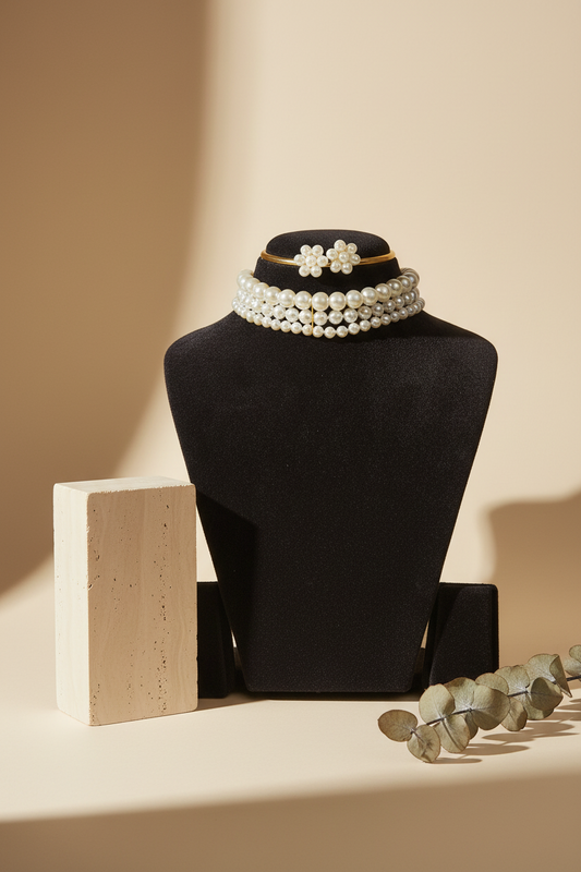 Classic White Three-Strand Pearl Necklace & Earring Set