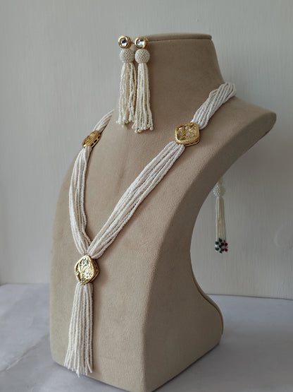 Imperial White Pearl Tassel & Gold Filigree Set & Matching Earrings