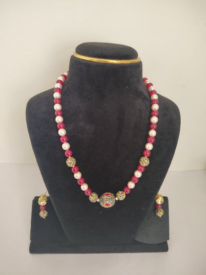 Necklace Set Red White Pearls With Golden Metal Earrings