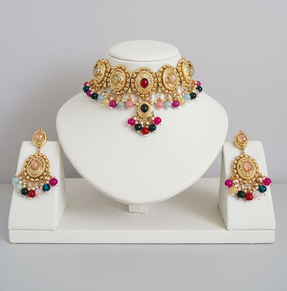 Traditional Multicolour Choker With Golden Metal