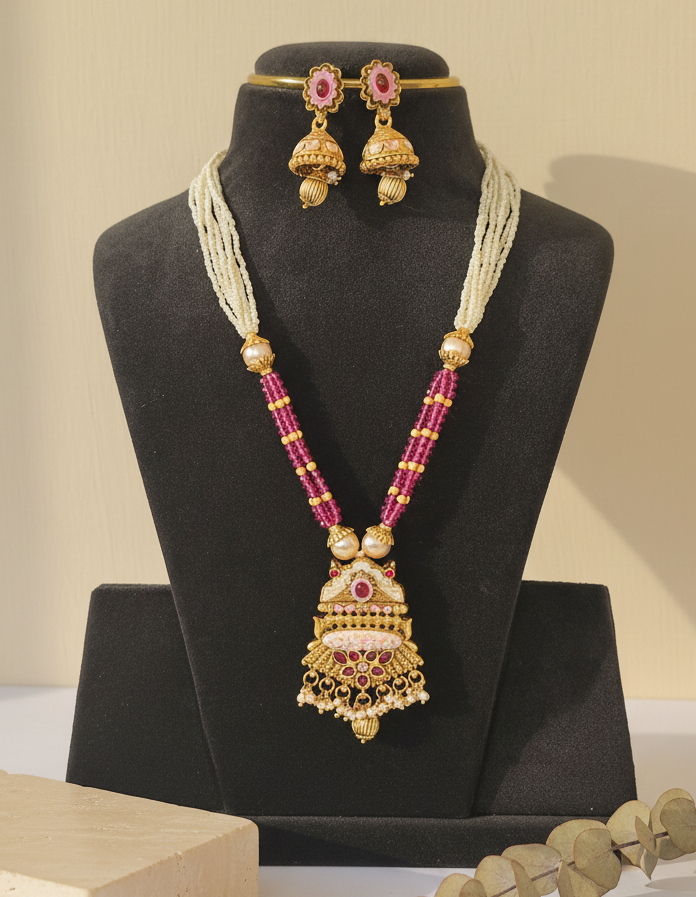 Pink White Golden With Golden Earrings