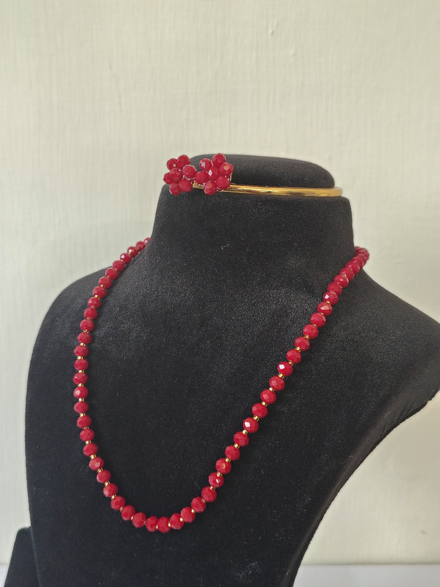 Red Diamond Cut Bead Necklace & Earring Set
