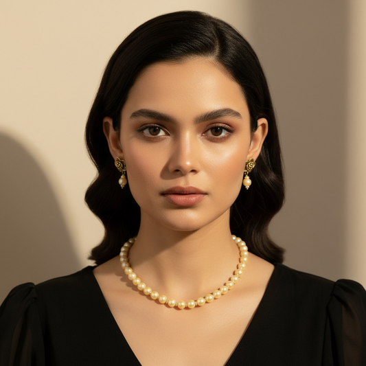 Golden Shade  Pearl Necklace With Earrings