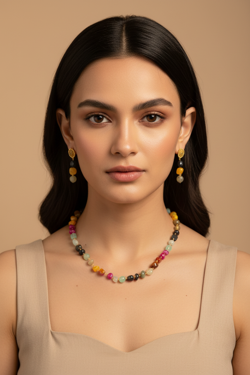 Multi Colour Long Necklace with Earrings Set