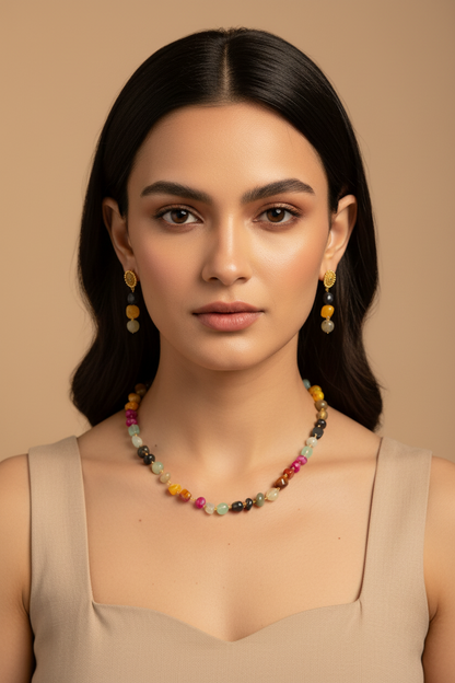 Multi Colour Long Necklace with Earrings Set