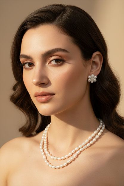 White Drop Shaped Pearl Double layer With Earrings Necklace