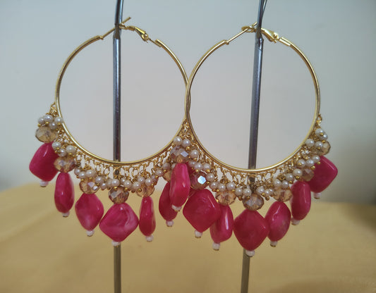 Golden Metal Hoop With Bright Pink Stone