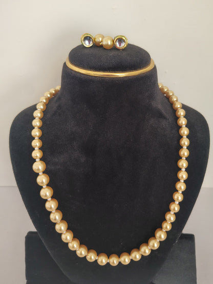 Golden Shade Pearl Necklace Set With Golden Metal Earrings