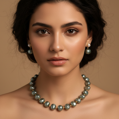 Korean Gray & Green Shade Pearl With Earrings