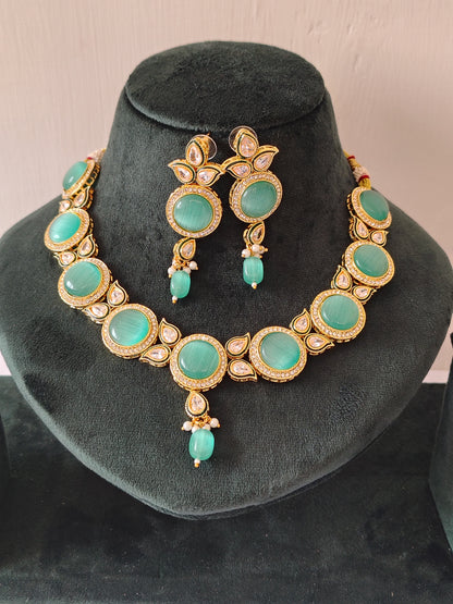 Premium Sea Green Shade Stone Studded Necklace With Earrings