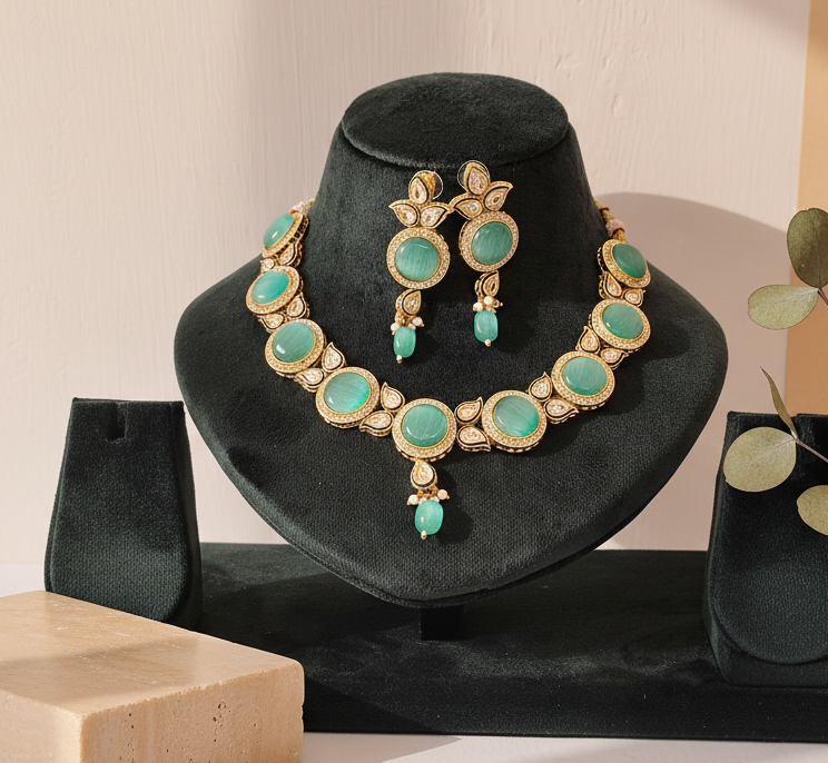 Premium Sea Green Shade Stone Studded Necklace With Earrings