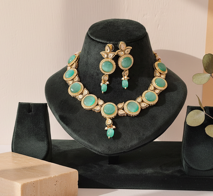 Premium Sea Green Shade Stone Studded Necklace With Earrings