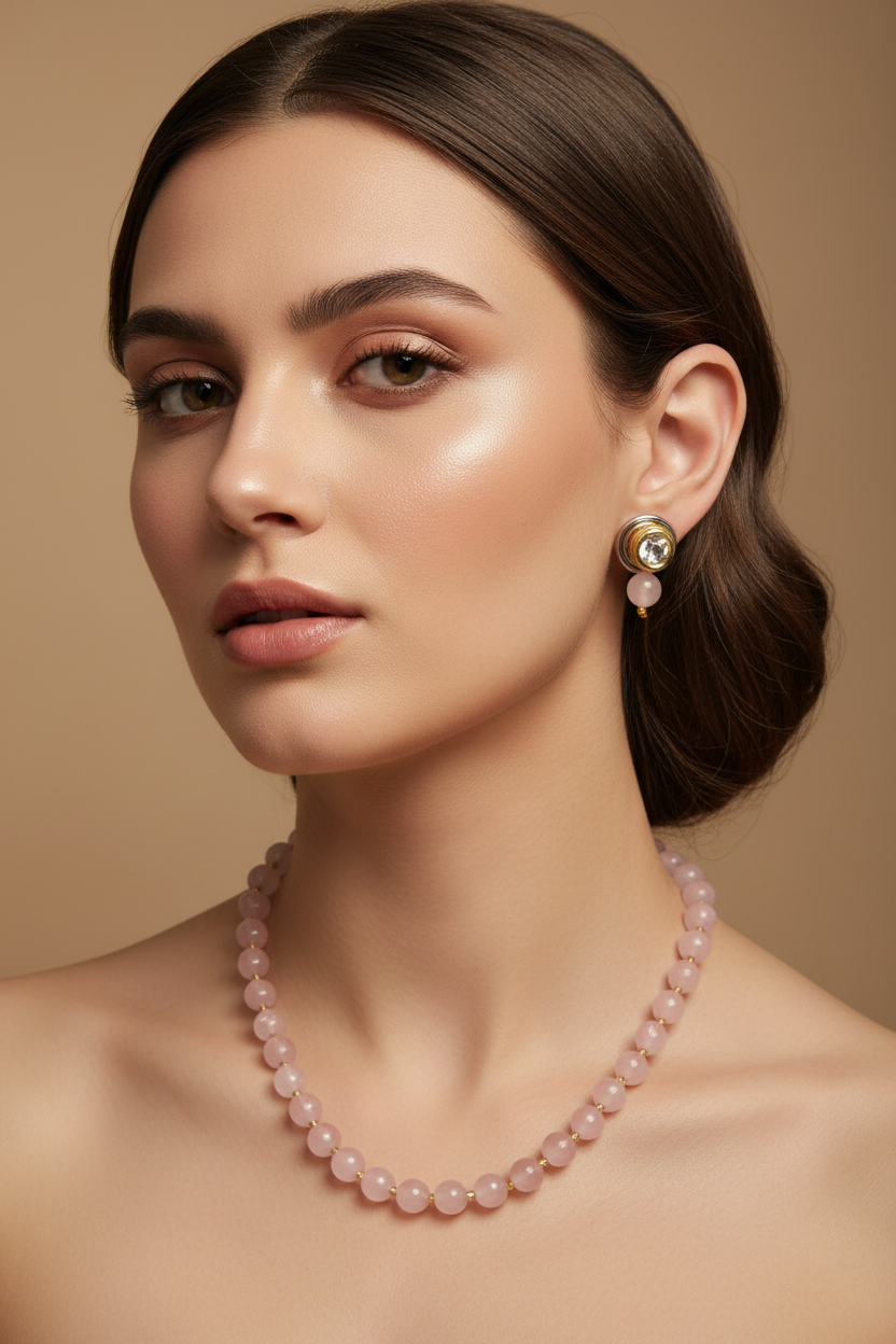 Baby Pink Onyx Necklace With Metal Earrings DB00442
