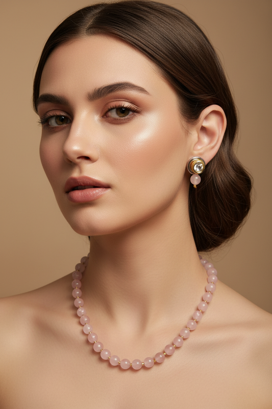 Baby Pink Onyx Necklace With Metal Earrings DB00442