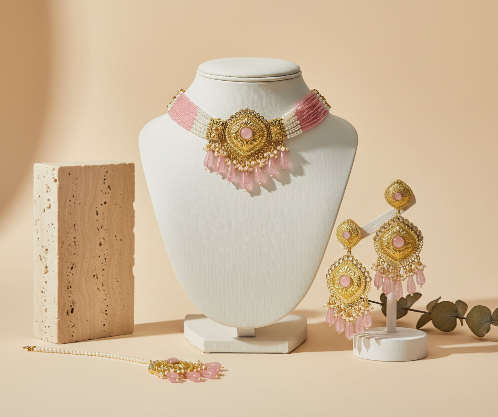 Sparkling Gold and Pink Choker with Earrings