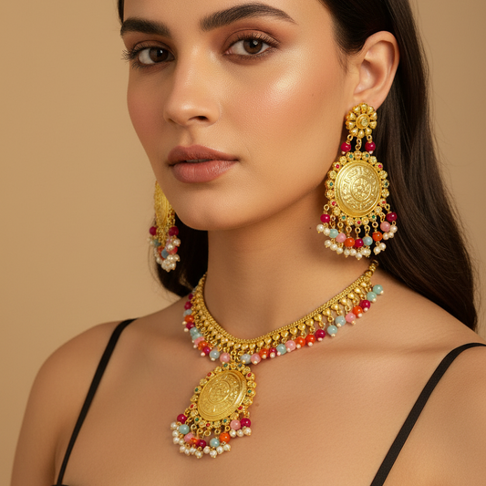Royal Multi Colour Choker With Earrings & Maang Tikka Set