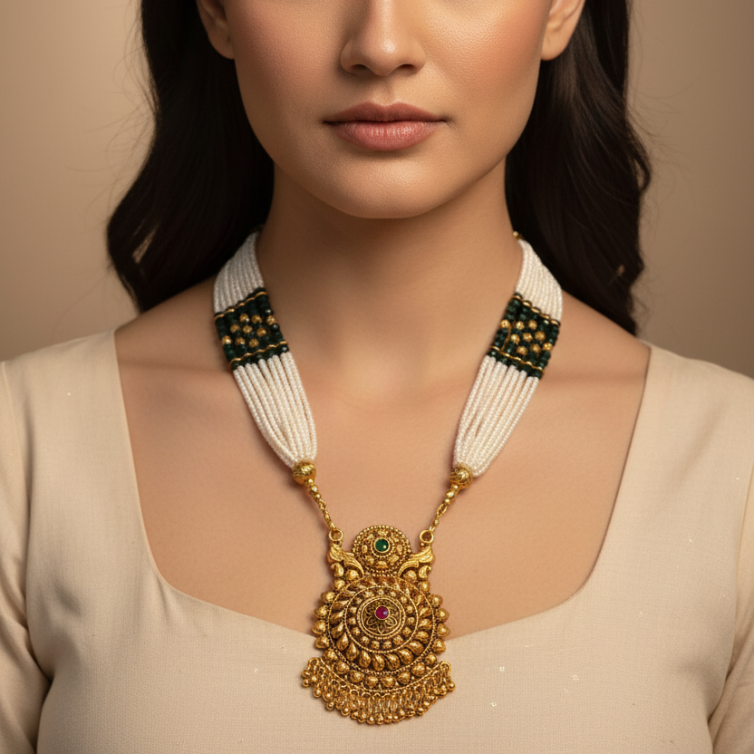 White & Bright Green Long Necklace