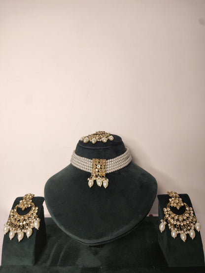 Royal Multi Strand Pearl Chocker with Earrings and Mang Tikka