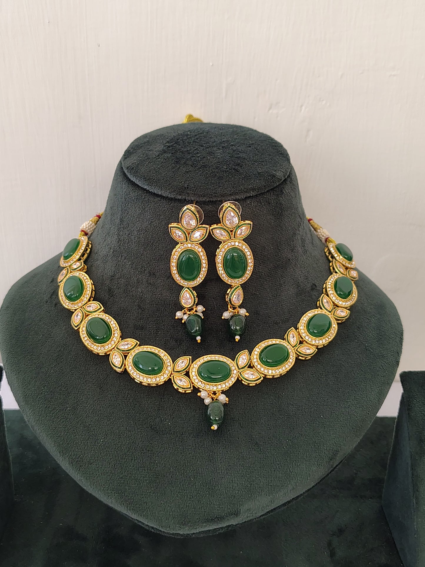 Premium Royal Green Shade Stone Studded Necklace With Earrings