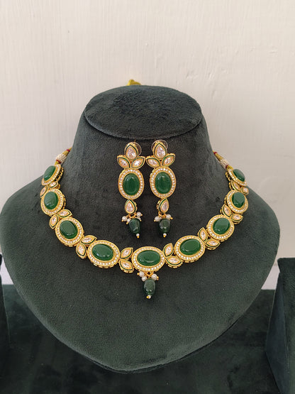 Premium Royal Green Shade Stone Studded Necklace With Earrings