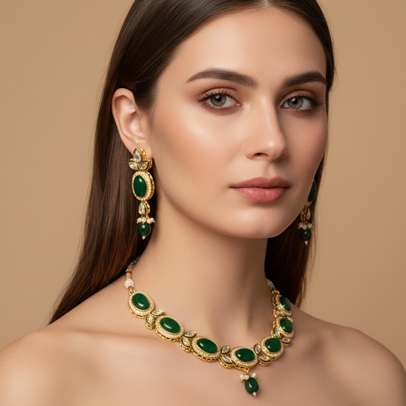 Premium Royal Green Shade Stone Studded Necklace With Earrings