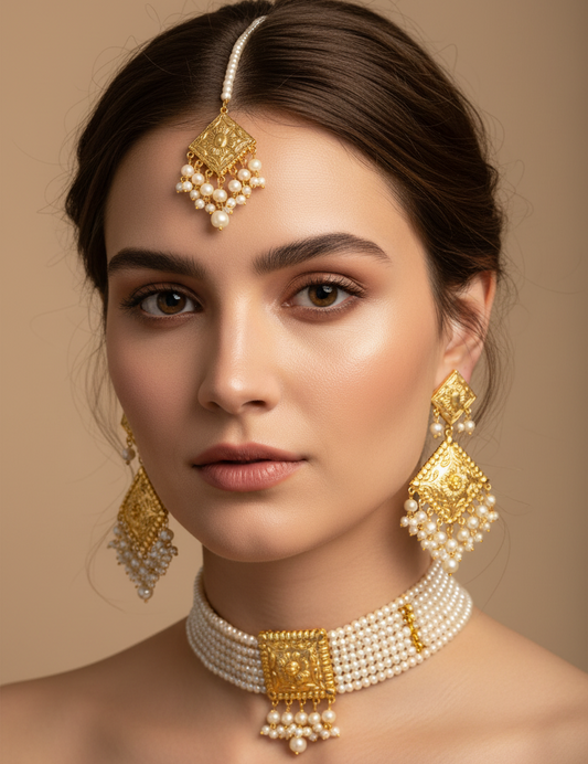 Golden Imitation Choker Set with  Earrings & Maang Tikka