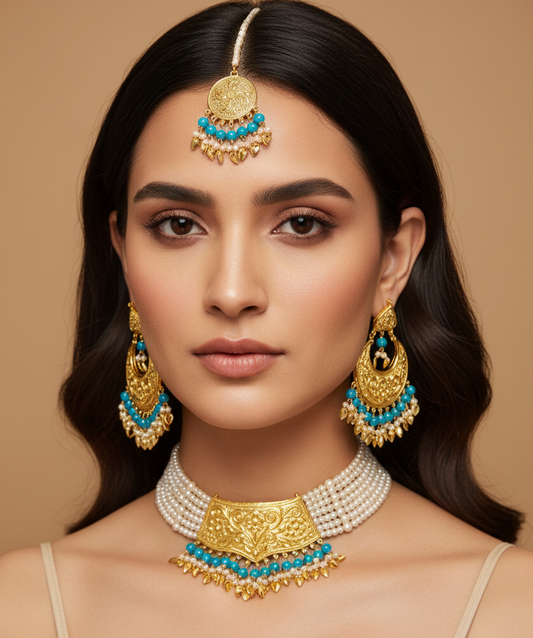 Royal Punjabi Necklace in Golden and Blue with Earrings and Mang Tikka